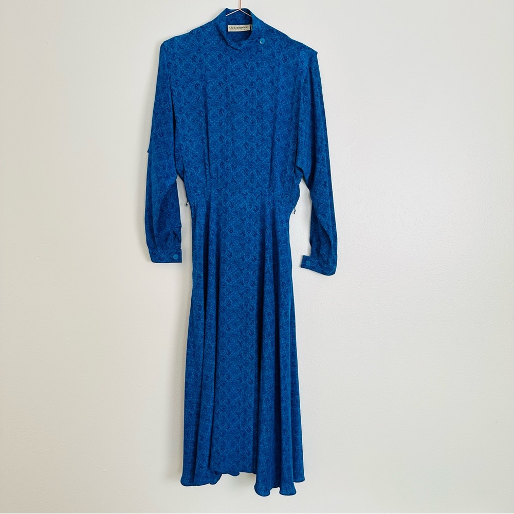 Vintage Liz Claiborne blue print long sleeve 100% silk midi dress - Picture 12 of 15